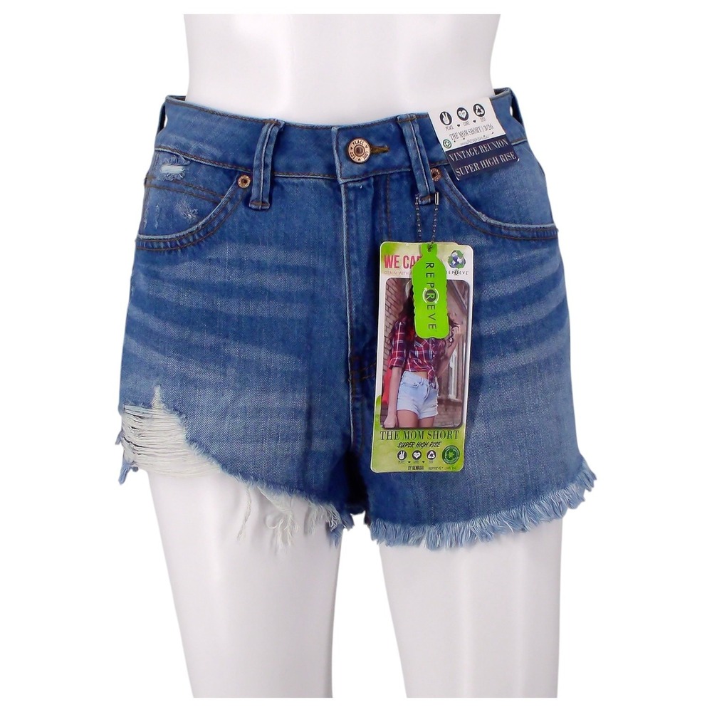 Rewash‎ The Mom Short Womens 3 Blue Denim Super High Rise Distressed REPREVE Eco